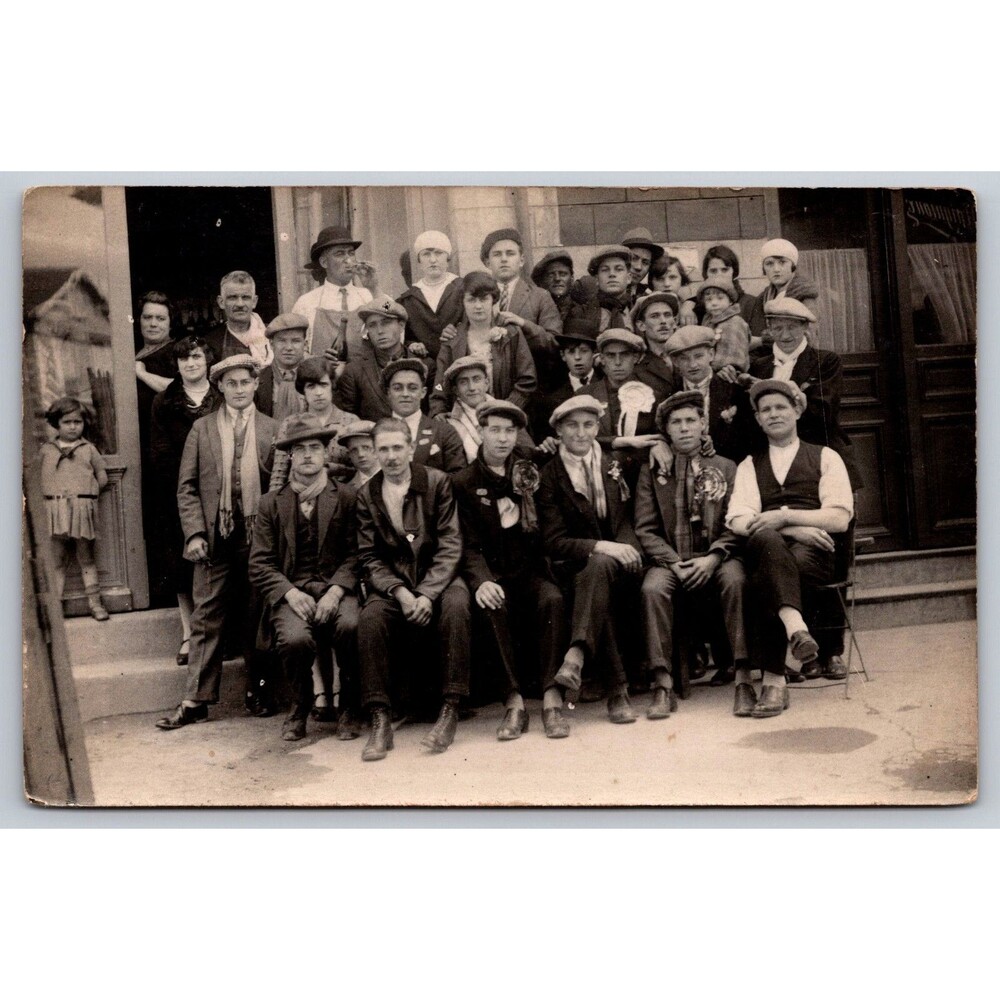 Vintage 1920s French Postcard Bistro Cafe Group Photo RPPC Casquette Flat Cap